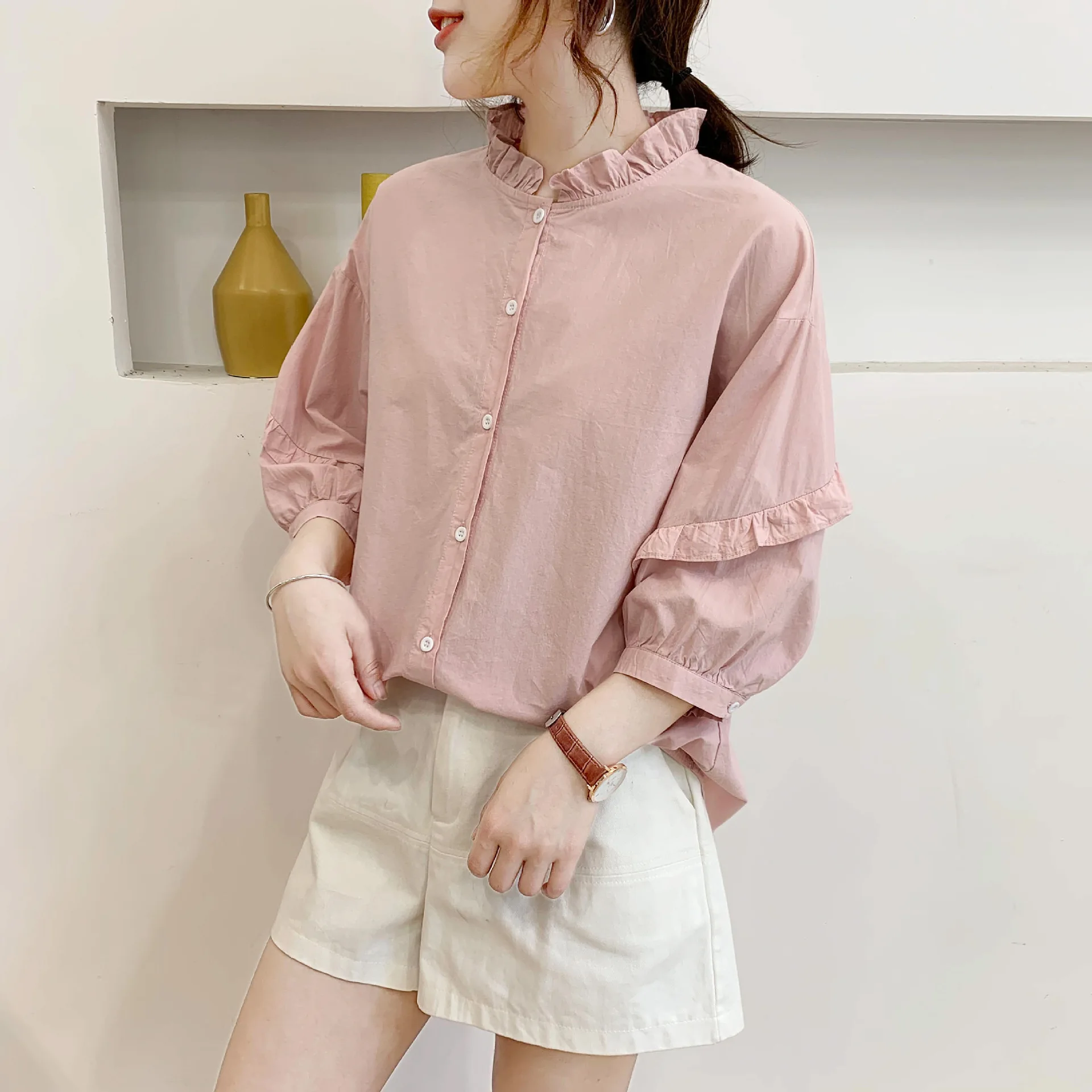 

Рубашка женская свободного покроя с оборками, модная блузка в стиле пэчворк, с воротником-стойкой, с рукавами-фонариками, шикарный стиль, лето