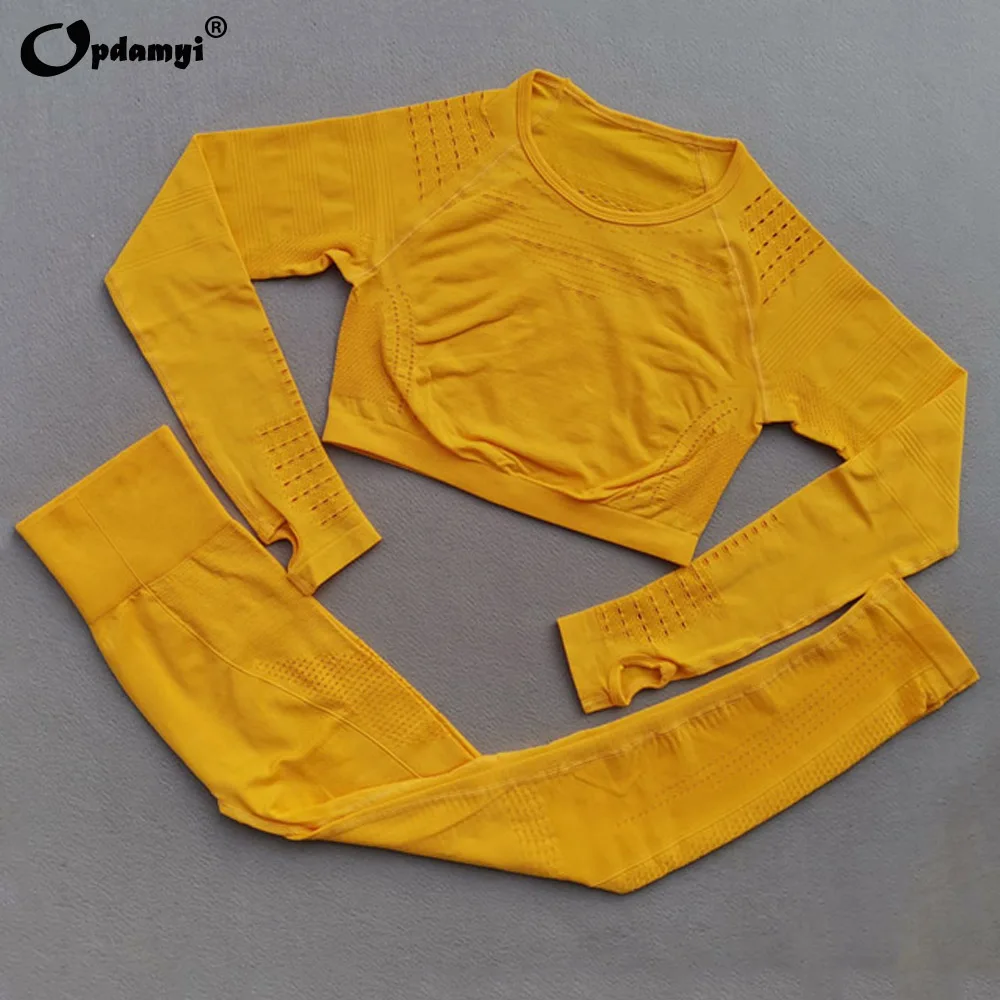 Комплект женский спортивный бесшовный из укороченного топа с длинными рукавами