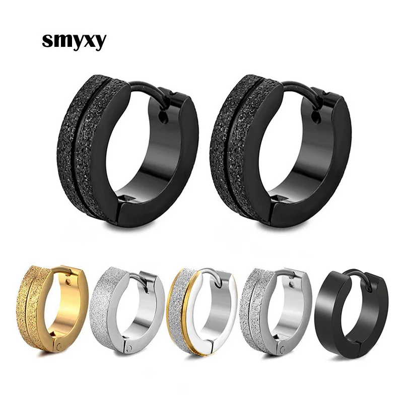 

Stainless Steel Small Hoop Ear Buckle Earrings For Men Women Frosted Surface Simple Lines Tide Punk Unisex Ear Circle Jewelry