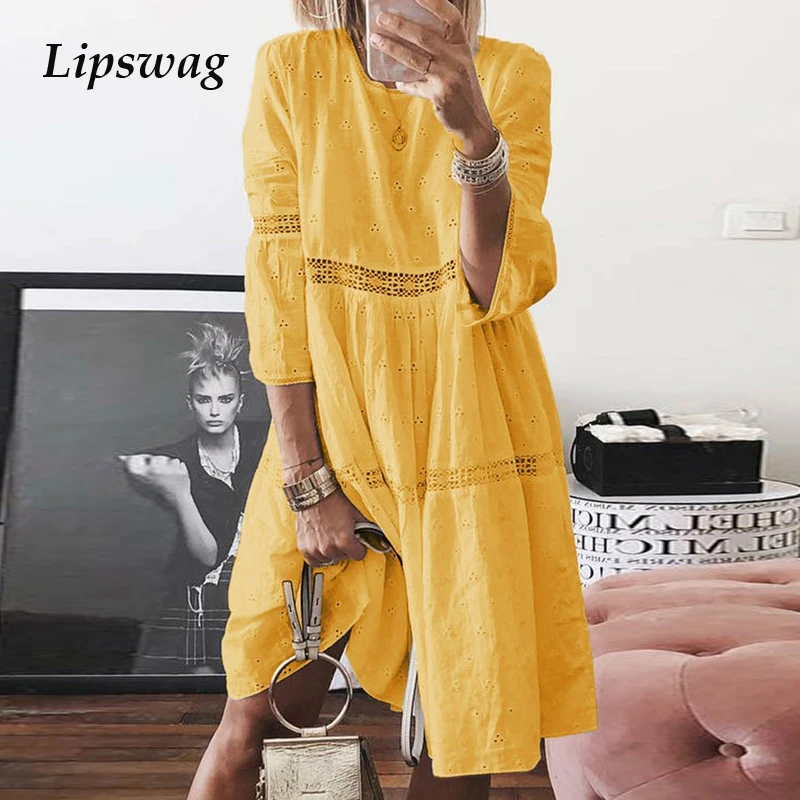 Lipswag 5XL осенние женские повседневные платья с круглым вырезом летние вечерние
