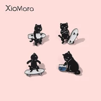 skateboard black cat enamel pin cool sports animal brooch lapel clothes backpack gothic punk badge jewelry wholesale gift