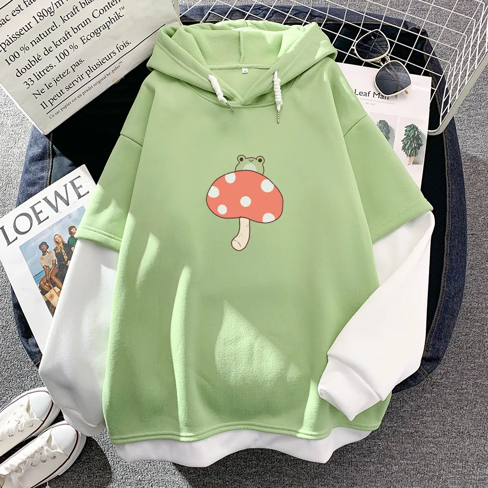 Women Hoodie Mushroom Frog Pullove Fashion Stitching Cute Plus Velvet Long-Sleeve Hooded Sweatshirt Top Harajuku Kawaii Clothes