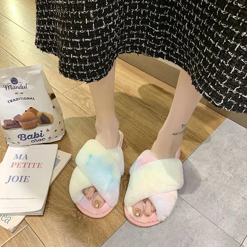 

Fashion Lovely Girls Colorful Home Slippers Velect Warm Shoes Rainbow Plush Female Slippers New Slides Women