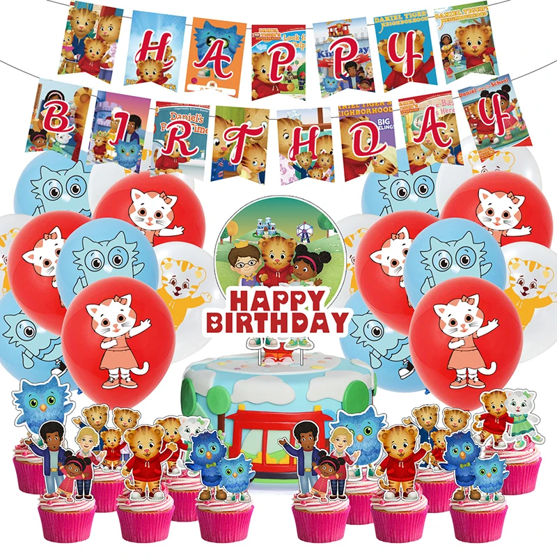 Decoraci&oacute;n de fiesta de cumplea&ntilde;os para ni&ntilde;os, 46 Uds., tem&aacute;tica de pel&iacute;cula de tigre de dibujos animados, globo de bandera extra&iacute;ble, DISE&Ntilde;O DE ESCENA a rayas-0