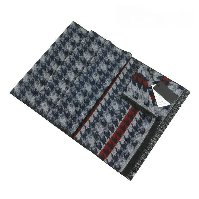 Роскошный шарф из пашмины мужской теплый в клетку с рисунком гусиные лапки