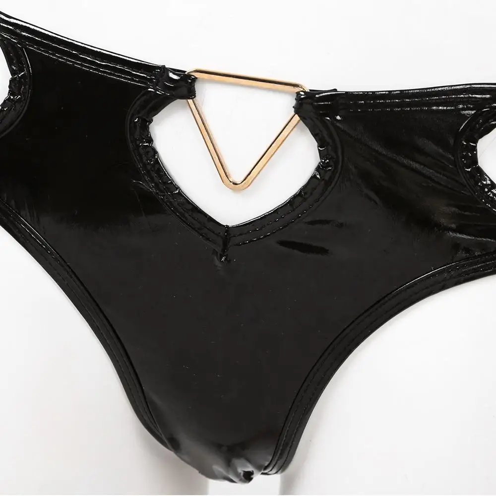 

Womens Femme Wetlook Leather Maid Costumes Bikini Lingerie Exotic Set for Sexy Clubwear Backless Crop Top with Briefs Panties