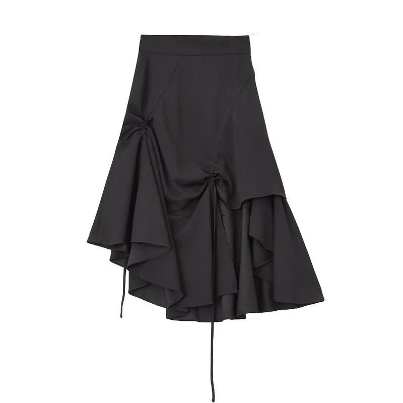 

High Waist Black Drawstrig Spliced Irregular Casual Half-body Skirt Women Fashion Tide New Spring Summer 2021 E880