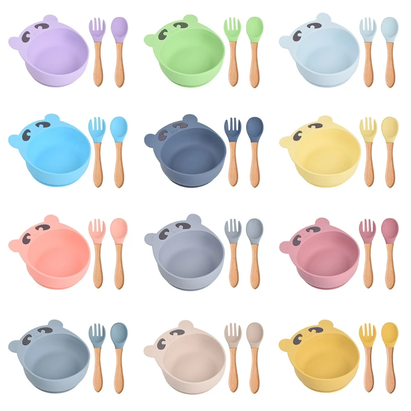 

3 Pcs Baby Training Feeding Food Bowl Wooden Handle Spoon Fork Set Anti Slip Silicone Suction Dinner Plate Dish Utensil