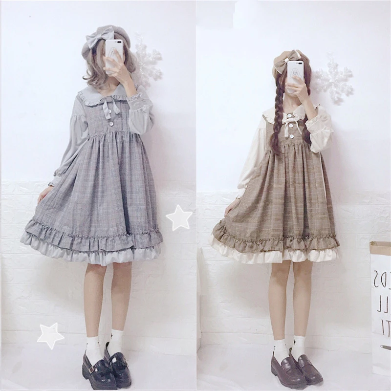 

Vintage sweet lolita dress peter pan collar loose fake two pieces lattice victorian dress kawaii girl gothic lolita op loli cos