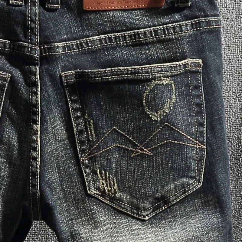 European Vintage Fashion Men Jeans Retro Distressed Washed Slim Fit Ripped Jeans Men Scratch Designer Casual Cotton Denim Pants