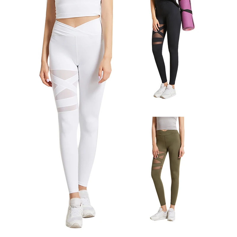 

Women's Mesh Stitching Yoga Pants High Waist Tummy Leggings Running Sports Fitness Trousers White S
