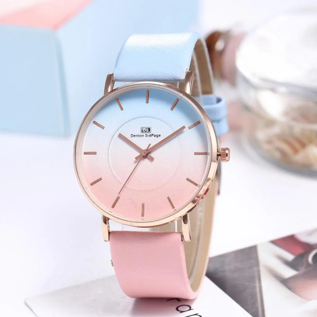 Модные простые женские часы милые градиентные цветные кожаные кварцевые