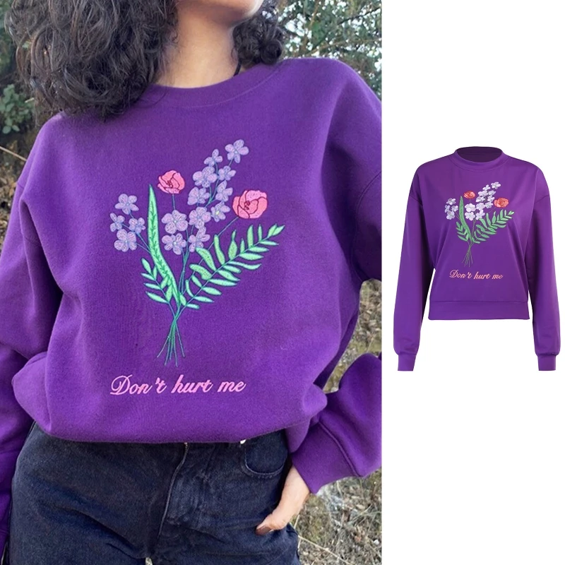 

Women Long Sleeve Purple Sweatshirt Floral Embroidery Oversized Pullover Tops M5TE