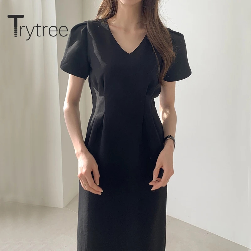 

Trytree Summer Women Casual Dress V-neck Solid 2 Color High Waist Fashion A-line Elegant Temperament Mid-Calf Office Lady Dress