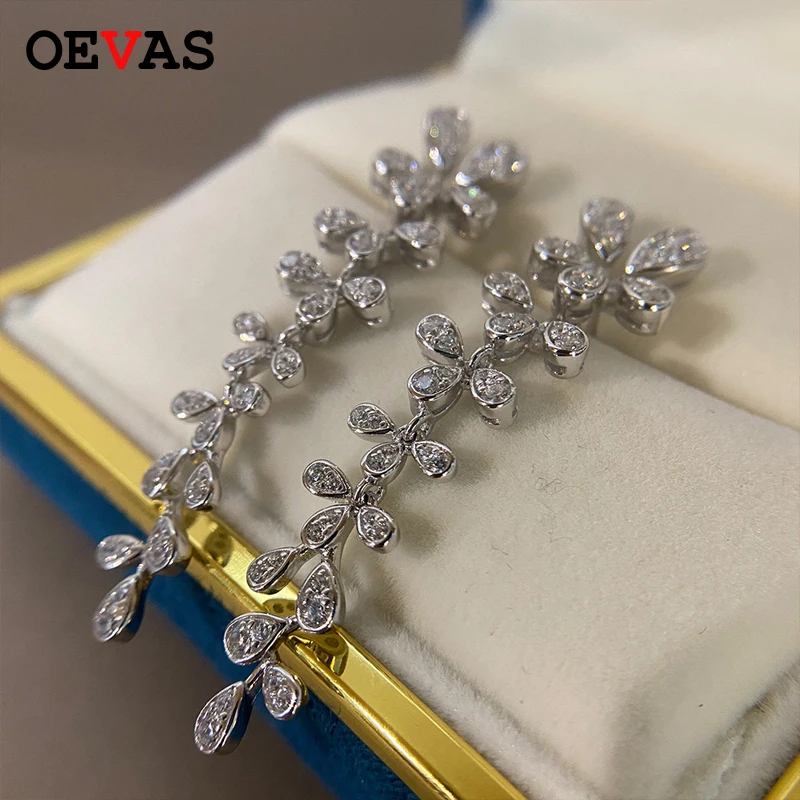 OEVAS Drop Earrings for Women 925 Sterling Silver Sparking Zircon Four-leaf clover Fashion Jewelry Lady Elegant Accessories