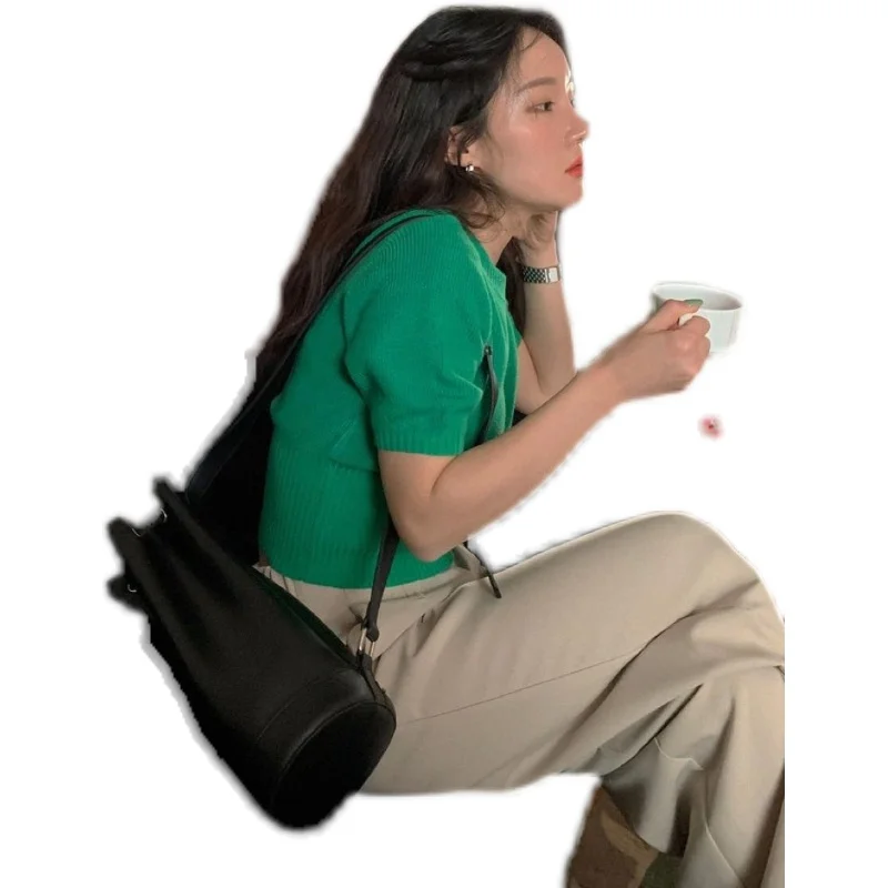 

Vigorous Girl Korean Style Chic White Green Trendy Anti-Aging Slimming All-Match Short-Sleeved Sweater Top Summer New