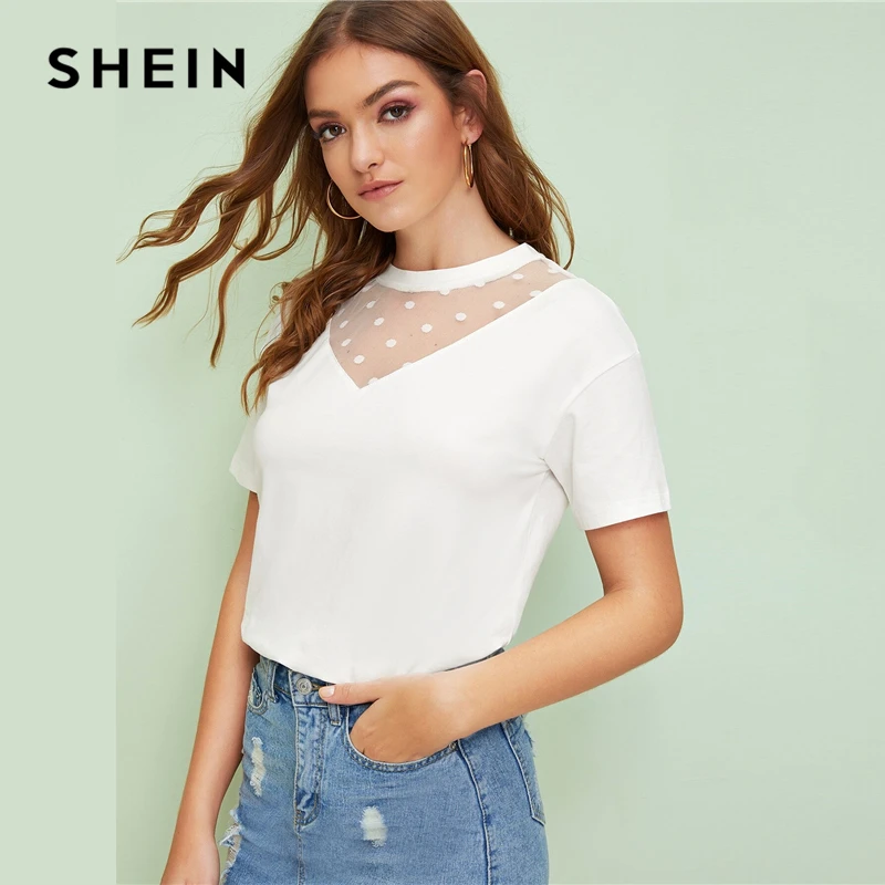 SHEIN, женские рубашки в горошек с сеткой, с коротким рукавом, летняя уличная одежда, повседневная футболка с круглым вырезом, с коротким рукавом, одноцветная футболка, сетчатый топ