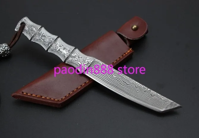 Маленький воин цельный нож из дамасской стали прямой с фиксированной рукояткой