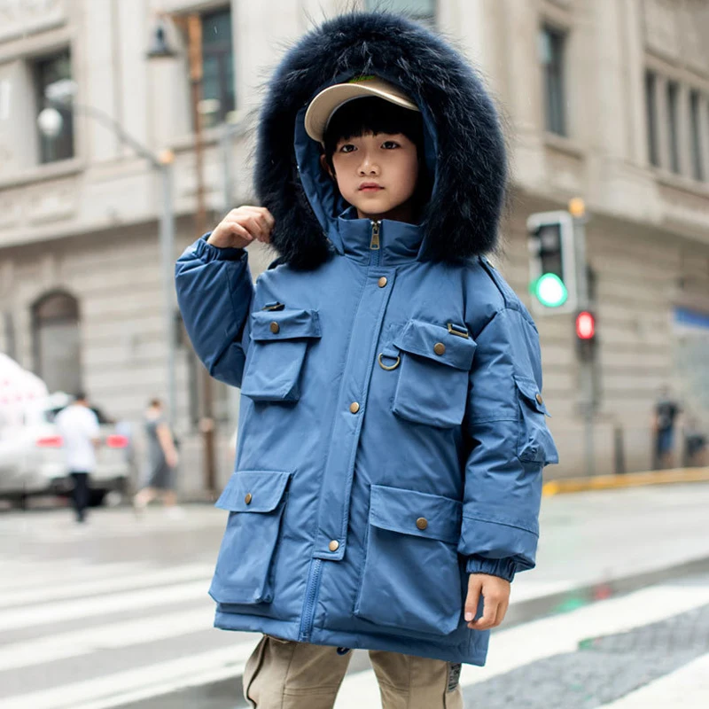 

Зимние длинные куртки для мальчиков теплые пуховики для детей Детская верхняя одежда с меховым капюшоном толстые парки с карманами для мал...