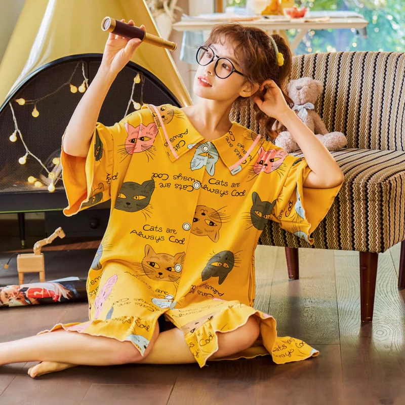 

Женская ночная рубашка размера плюс SIMISI, Хлопковая пижама с отложным воротником и принтом, пуговицы для кардигана, летняя Домашняя одежда д...