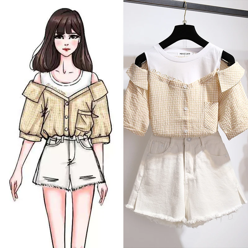 Женский летний комплект из 2 предметов Корейская рубашка в клетку с открытыми