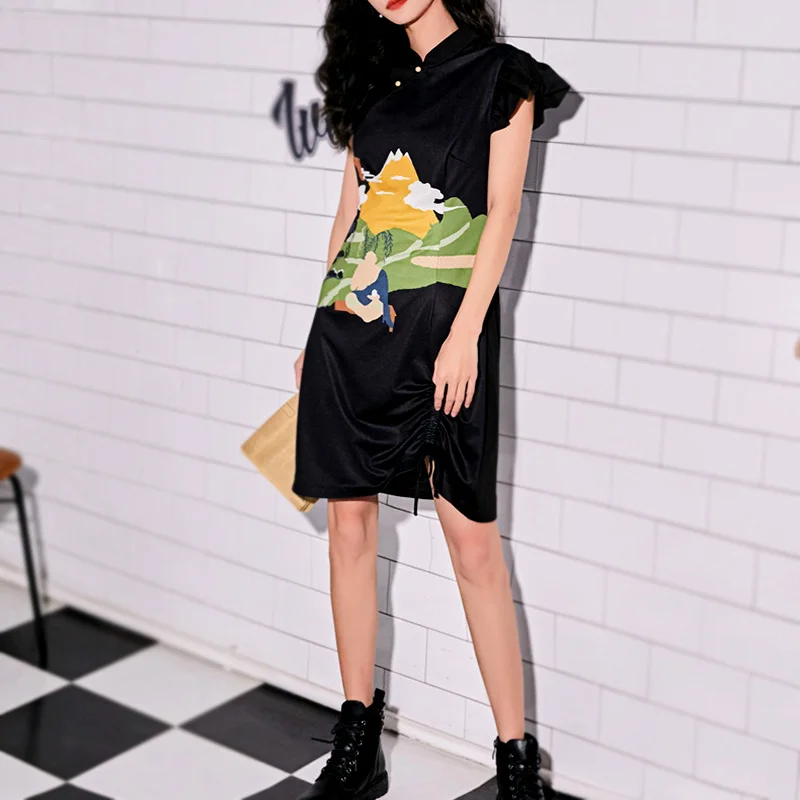 Чонсам женский с винтажным черным принтом модное платье в современном