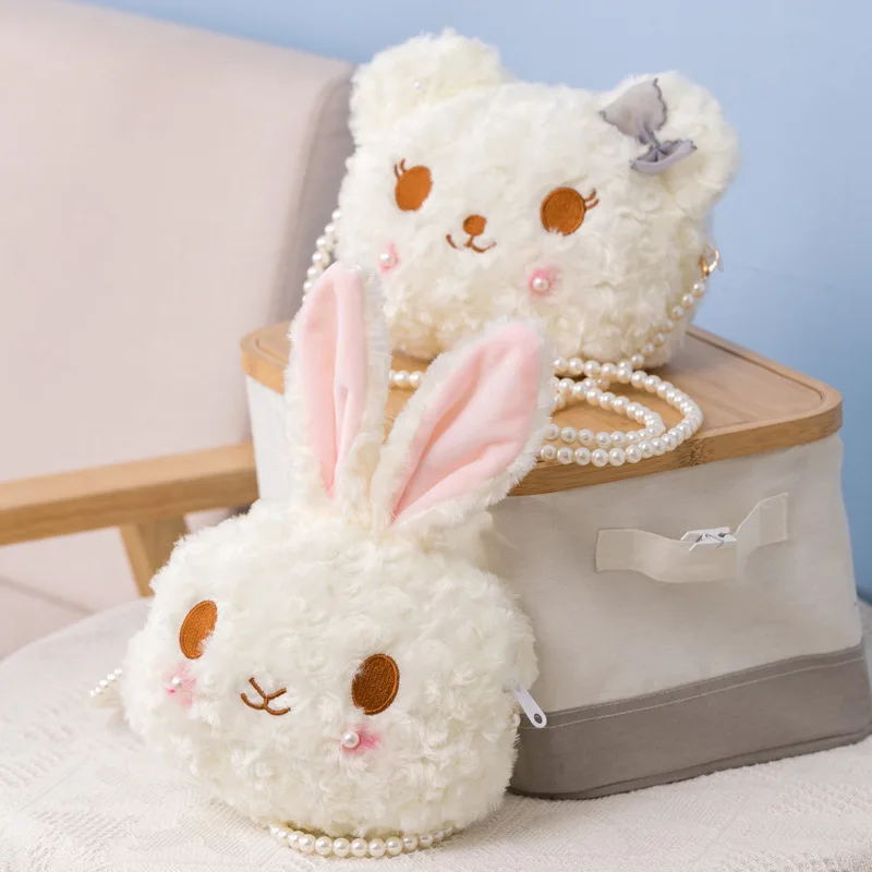 

New Fashion Women's Crossbody Bag for 2021 Winter Cute Cartoon Rabbit and Bear Pearl Chain Female's Shoulder Bags Plush Lady Bag