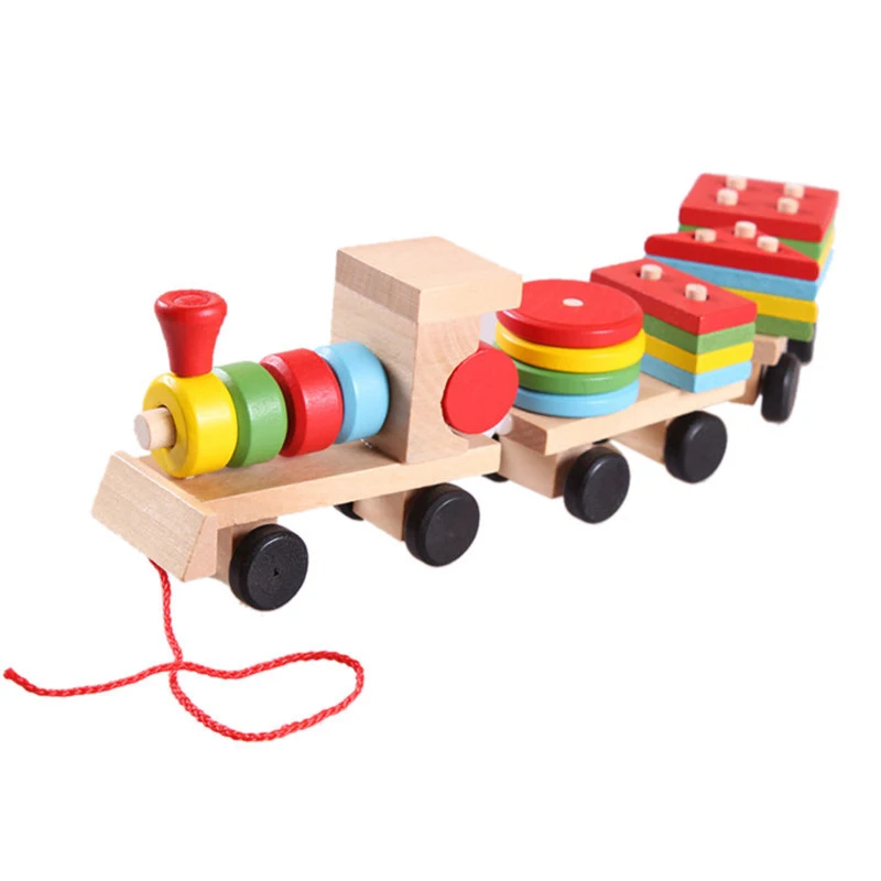 

Small WoodenTrain Dragging Three Carriage Geometric Shape Matching Early Childhood Educational Diecasts Toys