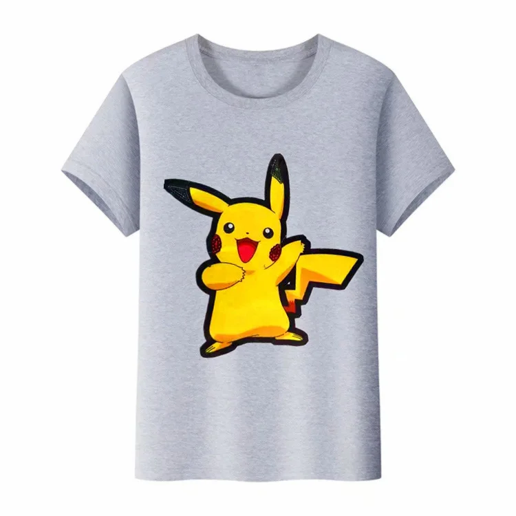 Детская футболка из чистого хлопка с круглым вырезом и яркими огнями Пикачу для