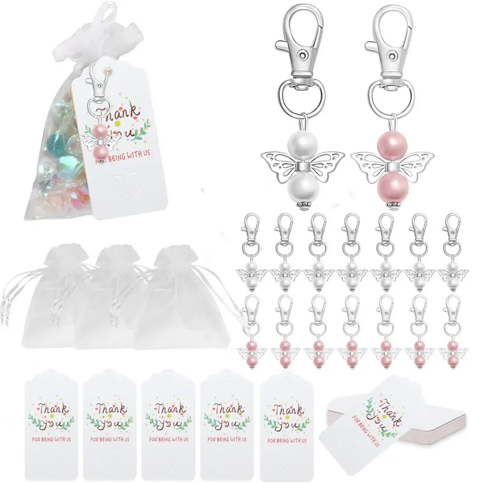 

Angel Design Keychain Favors Set White Organza Gift Bags Thank You Kraft Tags Guest Return Favors for Baby Shower Wedding Party