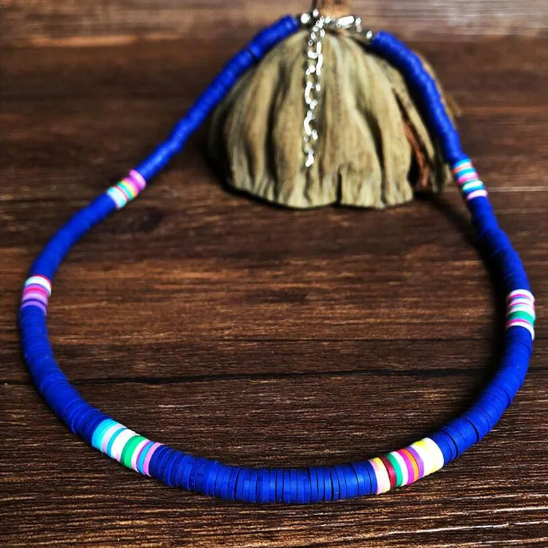 Beach Heishi Beads Collar Necklaces Rainbow Striped Polymer Clay Strand Surfer Necklace Choker For Girl | Украшения и аксессуары