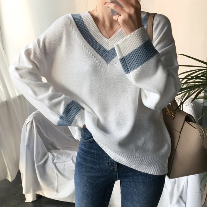 Spring White V-neck Sweater Chic Korean Pullover 2022 Autumn Winter Women's Sweaters New Casual Basic Female Jumpers All-match | Женская