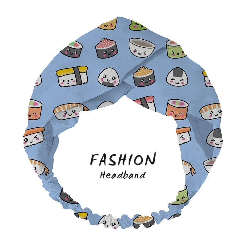 

Fashion Women Summer Hair Accessories Bohemian Hair Band girls Happy Kawaii Sushi Printed Headbands Cross Bandana HairBand 2021