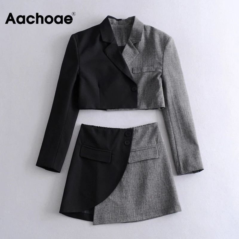 

Aachoae Stylish Patchwork 2 Piece Set Women Notched Neck Elegant Short Blazer Button Pocket A Line Mini Skirt Sets Lady Outfit