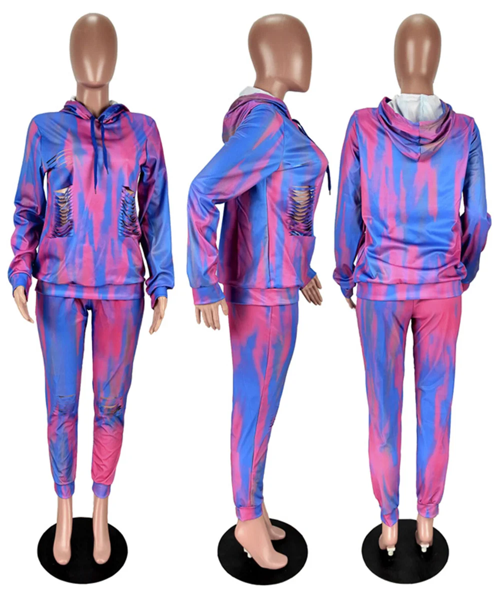 

RStylish Tie Dye Fashion Hoodies Hole Long Sleeve Top Pants Two Piece Set Women 2021 Spring Lounge Outfit Jogging Tracksuit Sets