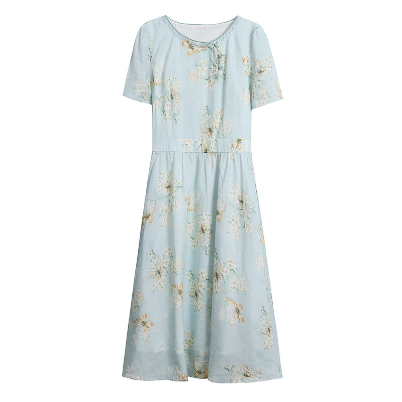 

Flowers pure ramie short-sleeved women's dress, 2021 new S-3XL summer dress, vintage flower high-grade cheongsam Vestidos