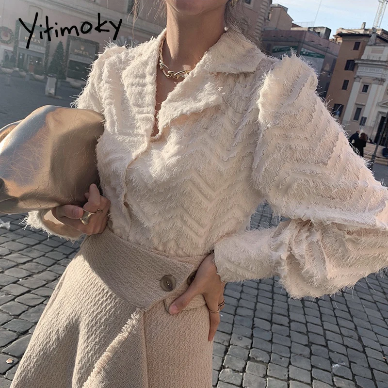 

Yitimoky Vintage Long Sleeve Women Blouses Fashion 2020 Office Lady Notched Tassel Woven Shirt Korean Fashion Clothing Vintage