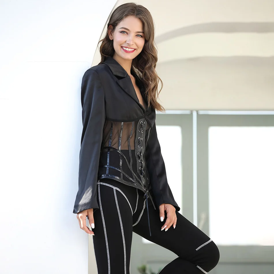 Черный корсетный пиджак Shesrim по мотивам Cardi B сатиновый смокинг в стиле пэчворк