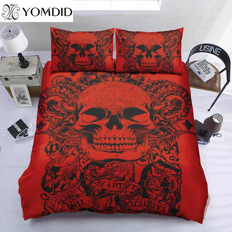 

Skull Duvet Cover Sets Cartoon Skull Duvet Cover With Pillowcases Red Background Bedding Set Bedroom Bedding Set Polyester