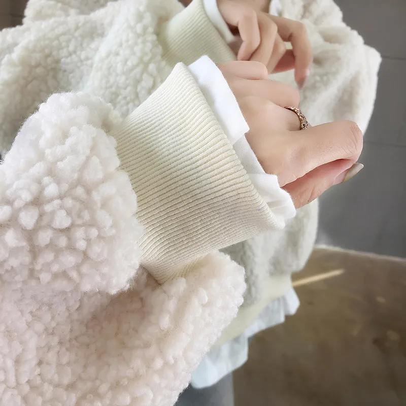 

2020 Winter Thick Velvet Hoodies for Women Cartoon Lamb Wool Fake Two Pcs Streetwear Female Casual Tops Lady Sweatshirt Pullover