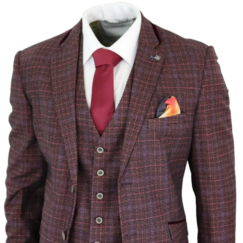 

2020 Burgundy Mens Suits 3 Piece Check Tweed Wine Plum Tailored Fit Suit Classic Vintage Retro Costume Homme