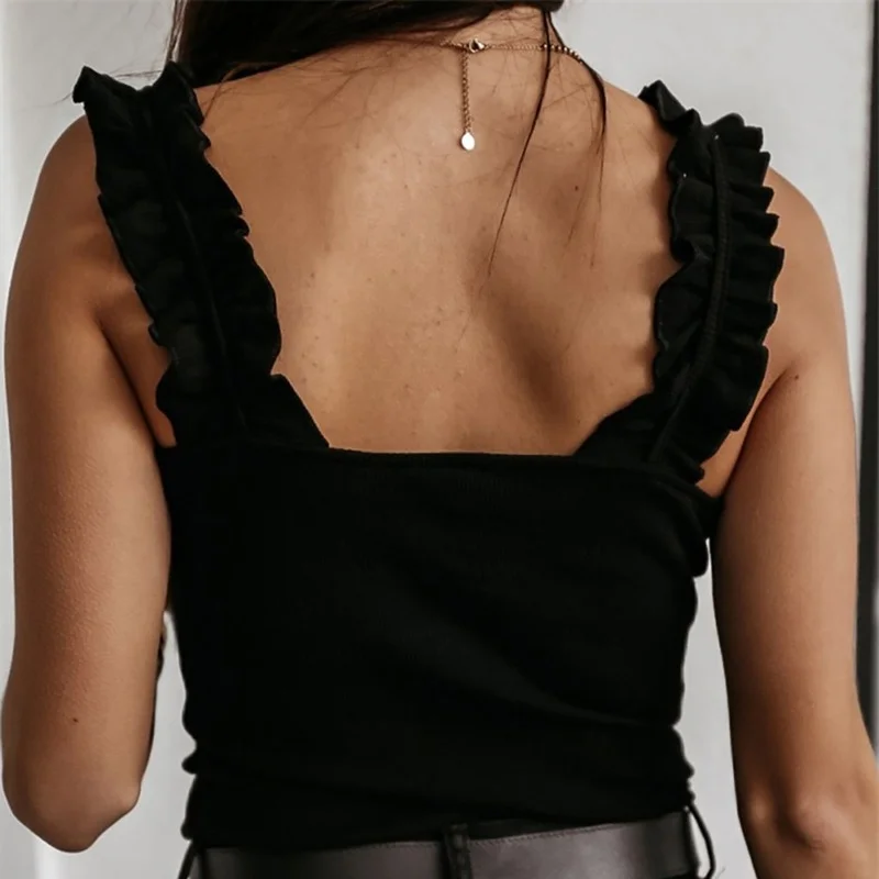 

Sexy One-line Neck Low-cut Suspender Top Knit Casual Basic Summer Ribbed Slim-fit Ruffle Top Ladies Elegant Vest T-shirt