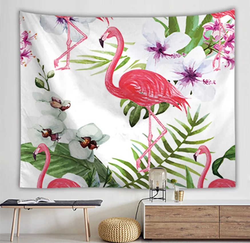 Настенный гобелен с рисунком фламинго тропические растения психоделические