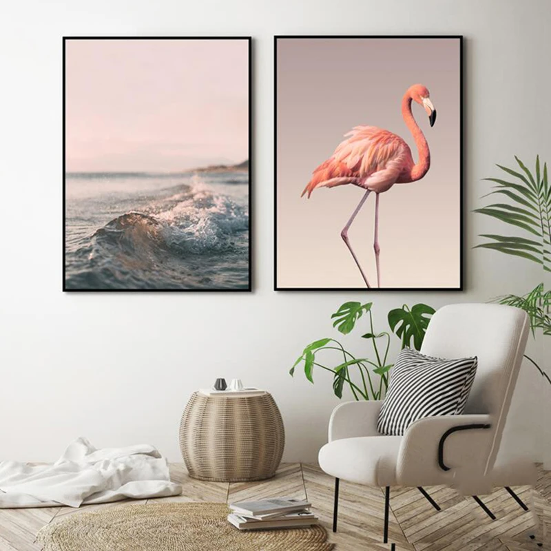 Настенные постеры в скандинавском стиле с розовым фламинго цветами морем