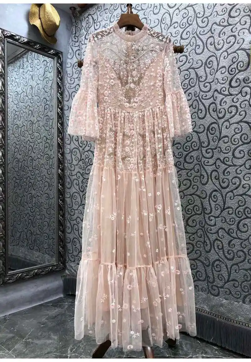 Top Quality New Long Dresses 2022 Spring Wedding Party Women Allover Luxurious Embroidery Beading Deco Sexy Mesh Pink Maxi Dress