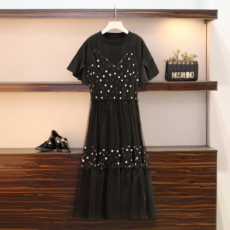 Женское черное Сетчатое платье размера плюс комплект из двух предметов летняя