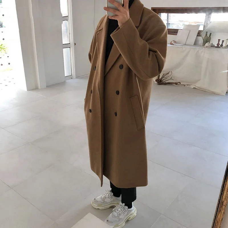 

2021 New autumn winter medium length coat thickened fashionable woolen coat Korean loose casual double breasted clothes