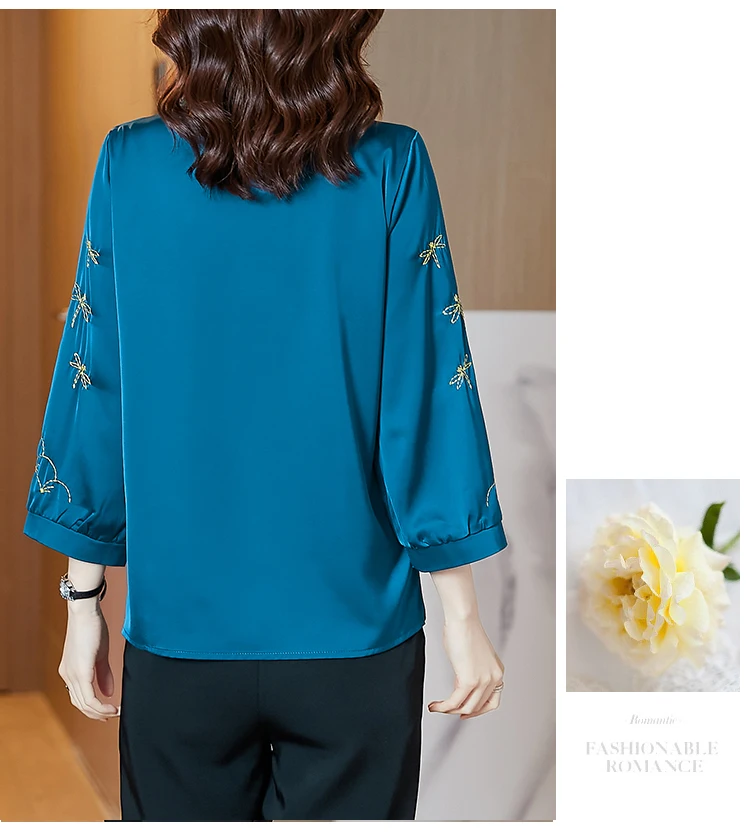 

Women's Blouse Satin Shirts Embroidery Top V-neck Shirt Simple Tops 3/4 Sleeve Fashion Blouses Casual Houthion