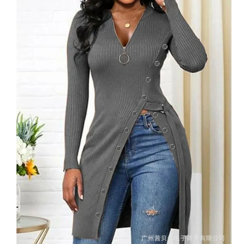 

Однотонные свободные футболки Wepbel с высоким разрезом, осенняя футболка с V-образным вырезом и длинным рукавом, топы, Женские повседневные длинные секционные облегающие платья