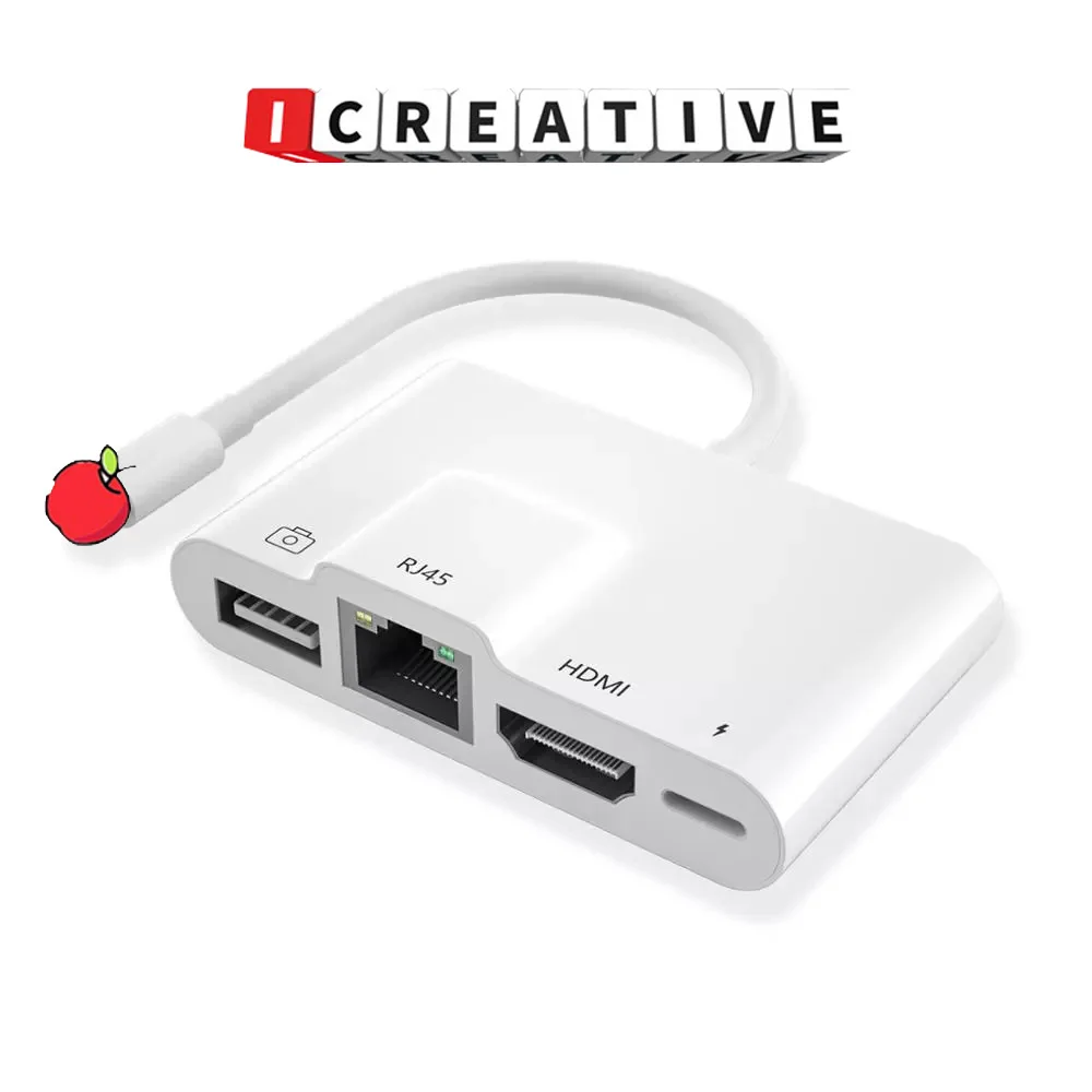 

Icreative Lightning to Rj45 Ethernet LAN HDMI Adapter 4K TV USB Hub OTG Cable Charging Converter for iPhone \ iPad